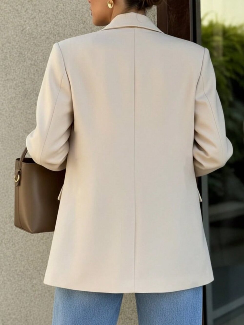 Beige Elegant Women's Button-Detail Notched Collar Casual Blazer Jacket - Picture 6 of 6
